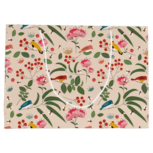 Hand getrokken Bloemen Vogels Bijen Botanische Pat Groot Cadeauzakje (Achterkant)