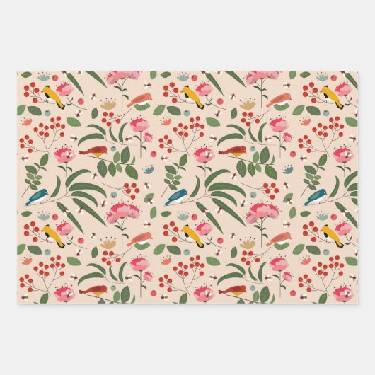 Hand getrokken Bloemen Vogels Bijen Botanische Pat Inpakpapier Vel (Voorkant 3)