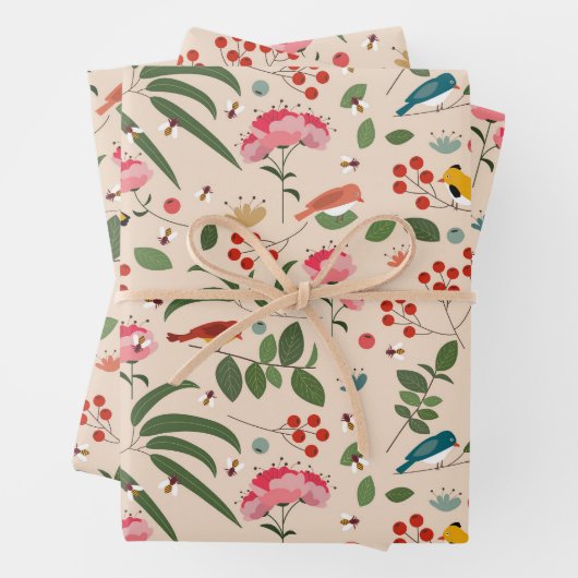 Hand getrokken Bloemen Vogels Bijen Botanische Pat Inpakpapier Vel (In situ)