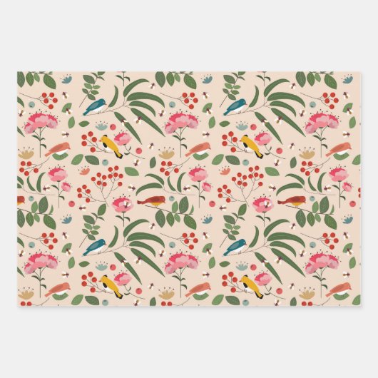 Hand getrokken Bloemen Vogels Bijen Botanische Pat Inpakpapier Vel (Voorkant)