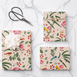 Hand getrokken Bloemen Vogels Bijen Botanische Pat Inpakpapier Vel