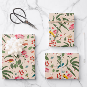Hand getrokken Bloemen Vogels Bijen Botanische Pat Inpakpapier Vel
