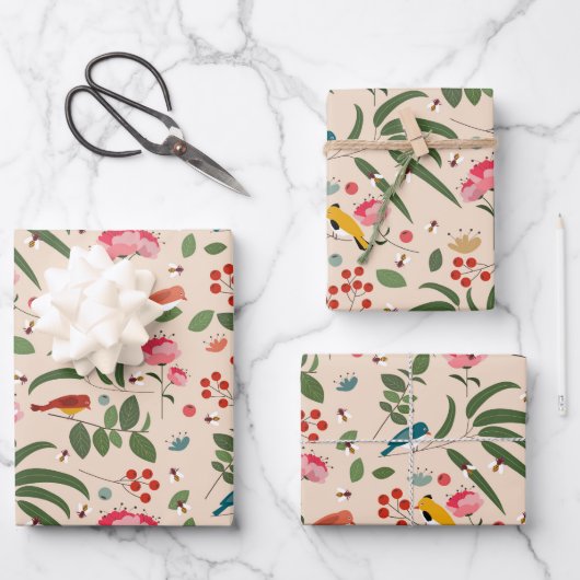 Hand getrokken Bloemen Vogels Bijen Botanische Pat Inpakpapier Vel (Voorkant)