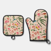 Hand getrokken Bloemen Vogels Bijen Botanische Pat Ovenwant & Pannenlap Set (Voorkant)