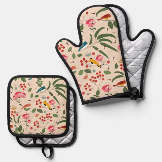 Hand getrokken Bloemen Vogels Bijen Botanische Pat Ovenwant & Pannenlap Set (Voorkant / Achterkant)