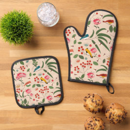 Hand getrokken Bloemen Vogels Bijen Botanische Pat Ovenwant & Pannenlap Set