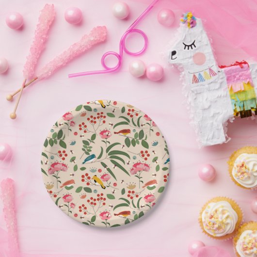 Hand getrokken Bloemen Vogels Bijen Botanische Pat Papieren Bordje (Feest)