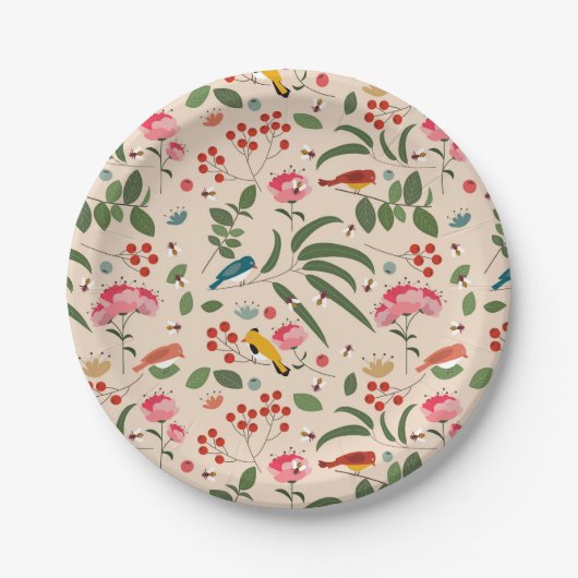 Hand getrokken Bloemen Vogels Bijen Botanische Pat Papieren Bordje (Voorkant)