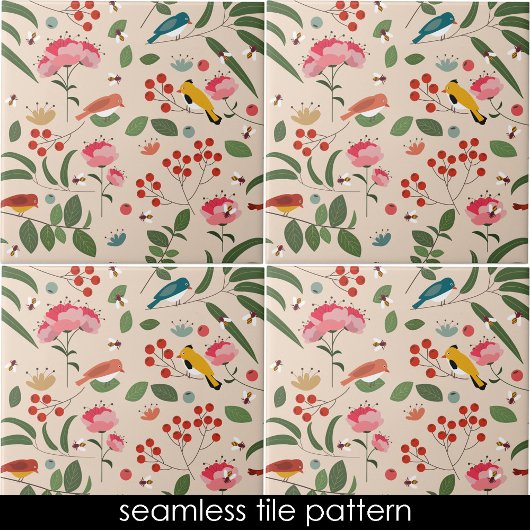 Hand getrokken Bloemen Vogels Bijen Botanische Pat Tegeltje