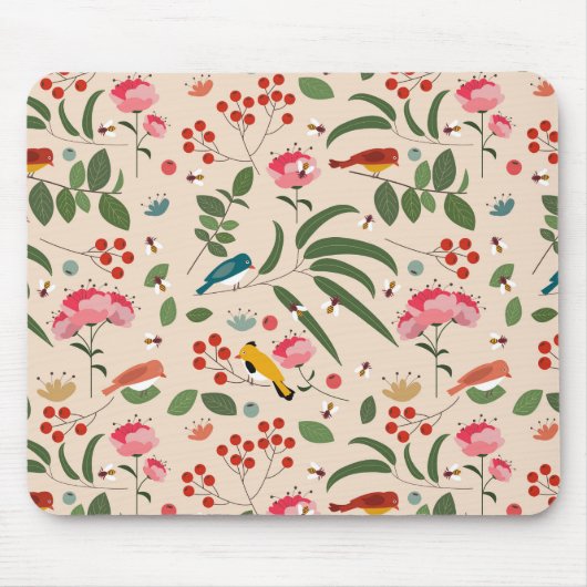 Hand getrokken Bloemen Vogels Bijen Patroon Muismat (Voorkant)