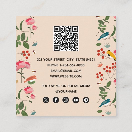 Hand getrokken Bloemen Vogels Bijen Patroon Vierkante Visitekaartje (Achterkant)