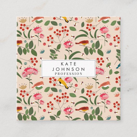 Hand getrokken Bloemen Vogels Bijen Patroon Vierkante Visitekaartje (Voorkant)