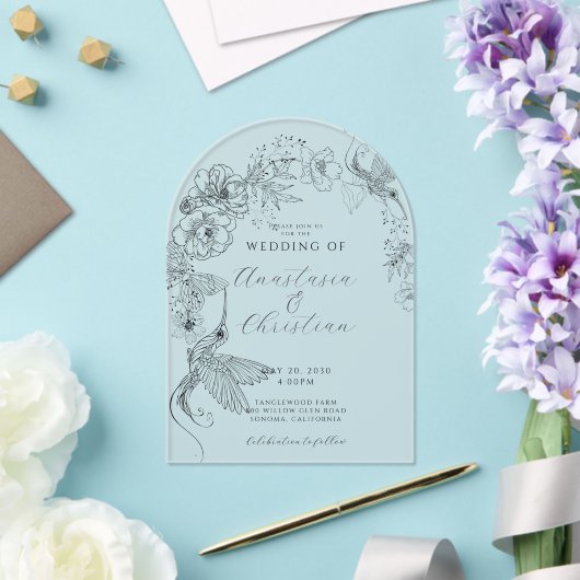 Hand getrokken Bloemen Vogels Botanische bruiloft Acryl Uitnodigingen (Insitu (Huwelijk))