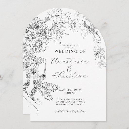 Hand getrokken Bloemen Vogels Botanische bruiloft Kaart (Voorkant / Achterkant)