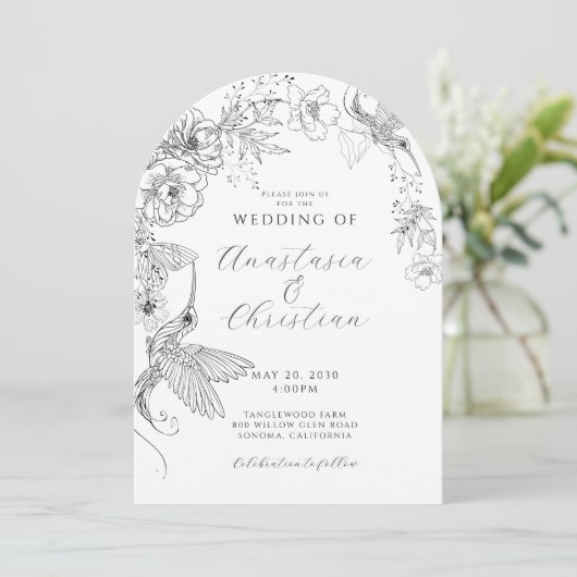 Hand getrokken Bloemen Vogels Botanische bruiloft Kaart (Staand voorkant)