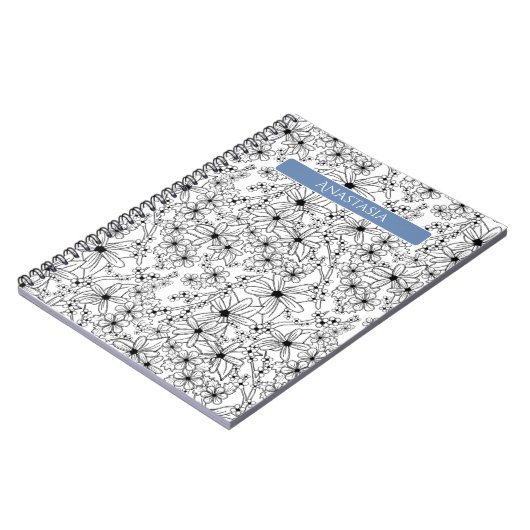 Hand getrokken Bloemen Wit Zwart Patroon & Blauwe  Notitieboek (Linkerzijde)