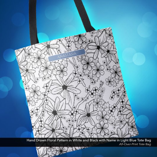 Hand getrokken Bloemen Wit Zwart Patroon & Blauwe Tote Bag