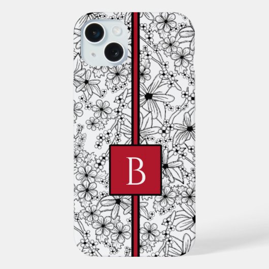 Hand getrokken Bloemen Wit Zwart Patroon en Monogr iPhone Hoesje (Achterkant)