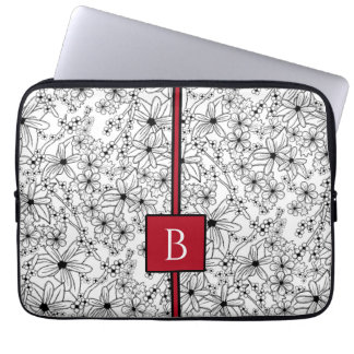 Hand getrokken Bloemen Wit Zwart Patroon en Monogr Laptop Sleeve