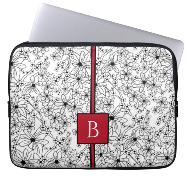Hand getrokken Bloemen Wit Zwart Patroon en Monogr Laptop Sleeve (Voorkant)
