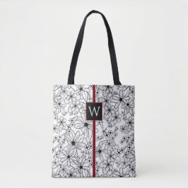 Hand getrokken Bloemen Wit Zwart Patroon en Monogr Tote Bag