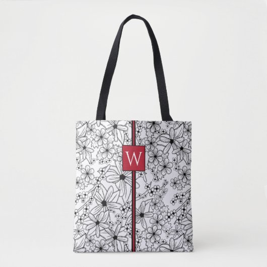 Hand getrokken Bloemen Wit Zwart Patroon en Monogr Tote Bag (Voorkant)
