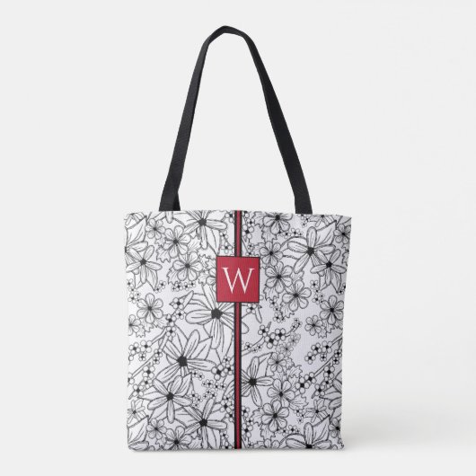 Hand getrokken Bloemen Wit Zwart Patroon en Monogr Tote Bag (Achterkant)