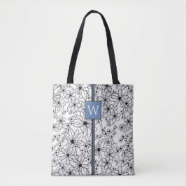Hand getrokken Bloemen Wit Zwart Patroon en Monogr Tote Bag