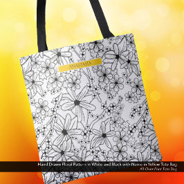 Hand getrokken Bloemen Wit Zwart Patroon Geel Naam Tote Bag