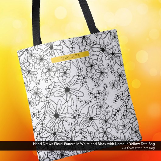 Hand getrokken Bloemen Wit Zwart Patroon Geel Naam Tote Bag