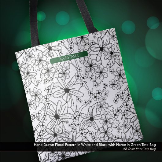 Hand getrokken Bloemen Wit Zwart Patroon & Groene  Tote Bag