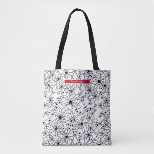 Hand getrokken Bloemen Wit Zwart Patroon & Rode Na Tote Bag (Voorkant)