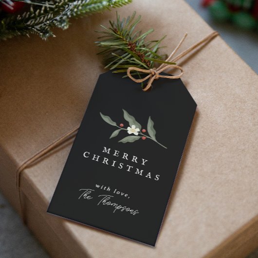 Hand getrokken Bloemen Zwart Kerstcadeau Label Cadeaulabel
