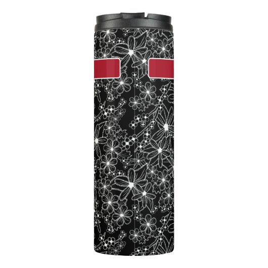 Hand getrokken Bloemen Zwart Wit Patroon & Rode Na Thermosbeker (Achterkant)