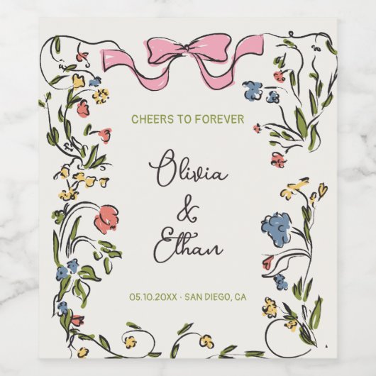 Hand getrokken bloemenboog bruiloft wijn etiket (Enkel label)