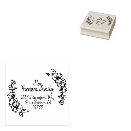 Hand getrokken bloemenhand geletterde naam & adres rubberstempel (Gestempeld)