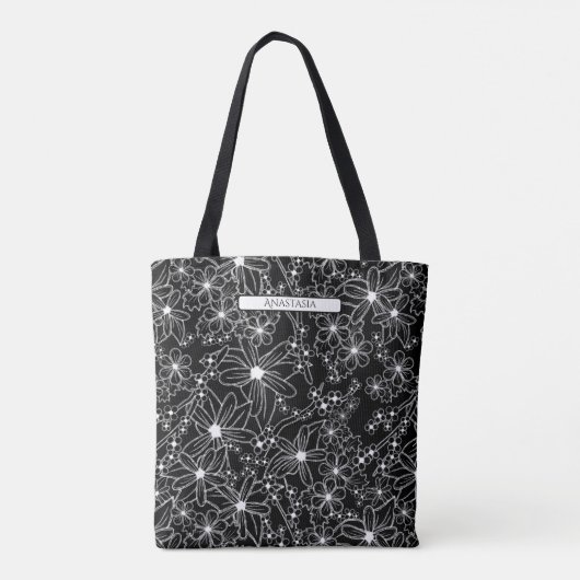 Hand getrokken bloemenpatroon met naam zwart & wit tote bag (Achterkant)
