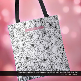 Hand getrokken bloemenwit zwart patroon & roze naa tote bag
