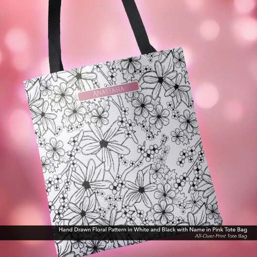 Hand getrokken bloemenwit zwart patroon & roze naa tote bag