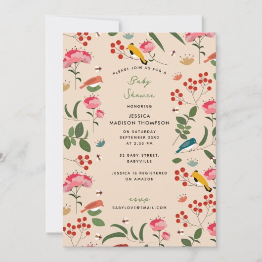 Hand getrokken Bloemvogels Bijen Botanisch Baby sh Kaart (Voorkant)