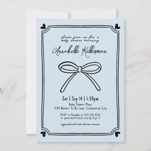 Hand getrokken Blue Bow Baby shower Uitnodiging (Voorkant)