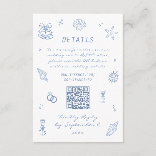Hand getrokken Blue Coastal Wedding Details QR Cod Informatiekaartje (Voorkant)
