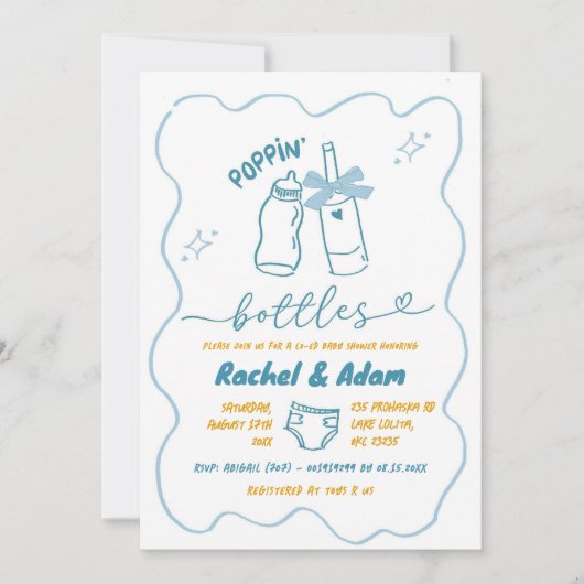 Hand getrokken Blue Poppin Bottles Boy Baby shower Kaart (Voorkant)