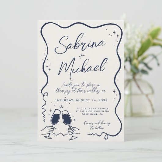 Hand getrokken bochtige grillige bruiloft uitnodig kaart (Staand voorkant)