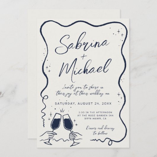 Hand getrokken bochtige grillige bruiloft uitnodig kaart (Voorkant / Achterkant)