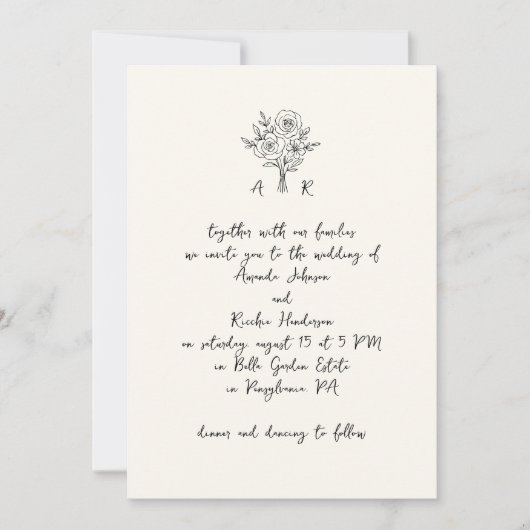 Hand getrokken boeket monogram handschrift bruilof kaart (Voorkant)