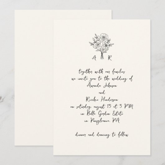 Hand getrokken boeket monogram handschrift bruilof kaart (Voorkant / Achterkant)