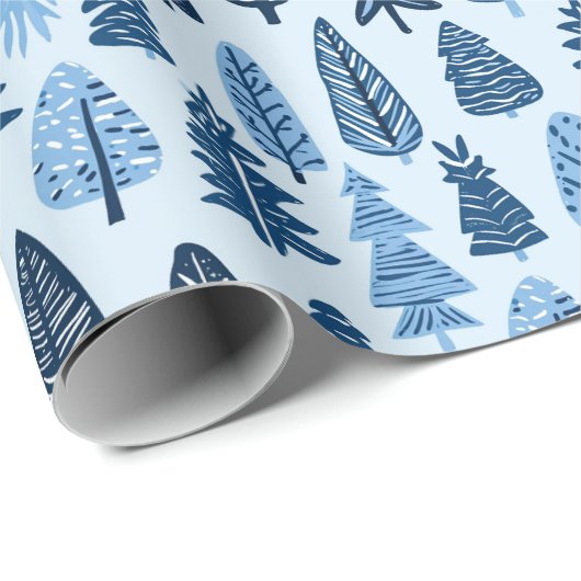 Hand getrokken Bomen Blauwe Kerstmis Cadeaupapier (Rol Hoek)
