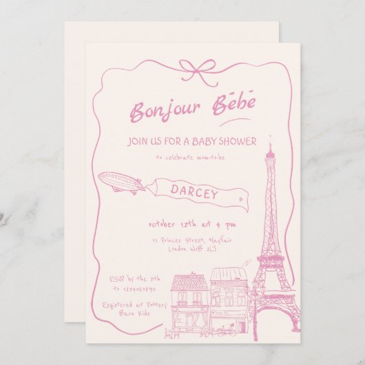 Hand getrokken Bonjour Bebe Frans roze Baby shower Kaart (Voorkant / Achterkant)