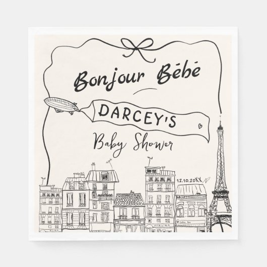 Hand getrokken Bonjour Frans Baby shower Welkom Servet (Voorkant)